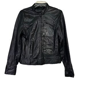 Black‎ Rivet Soft Lamb 100% Genuine Leather Zip up Cafe Moto Jacket Pockets M